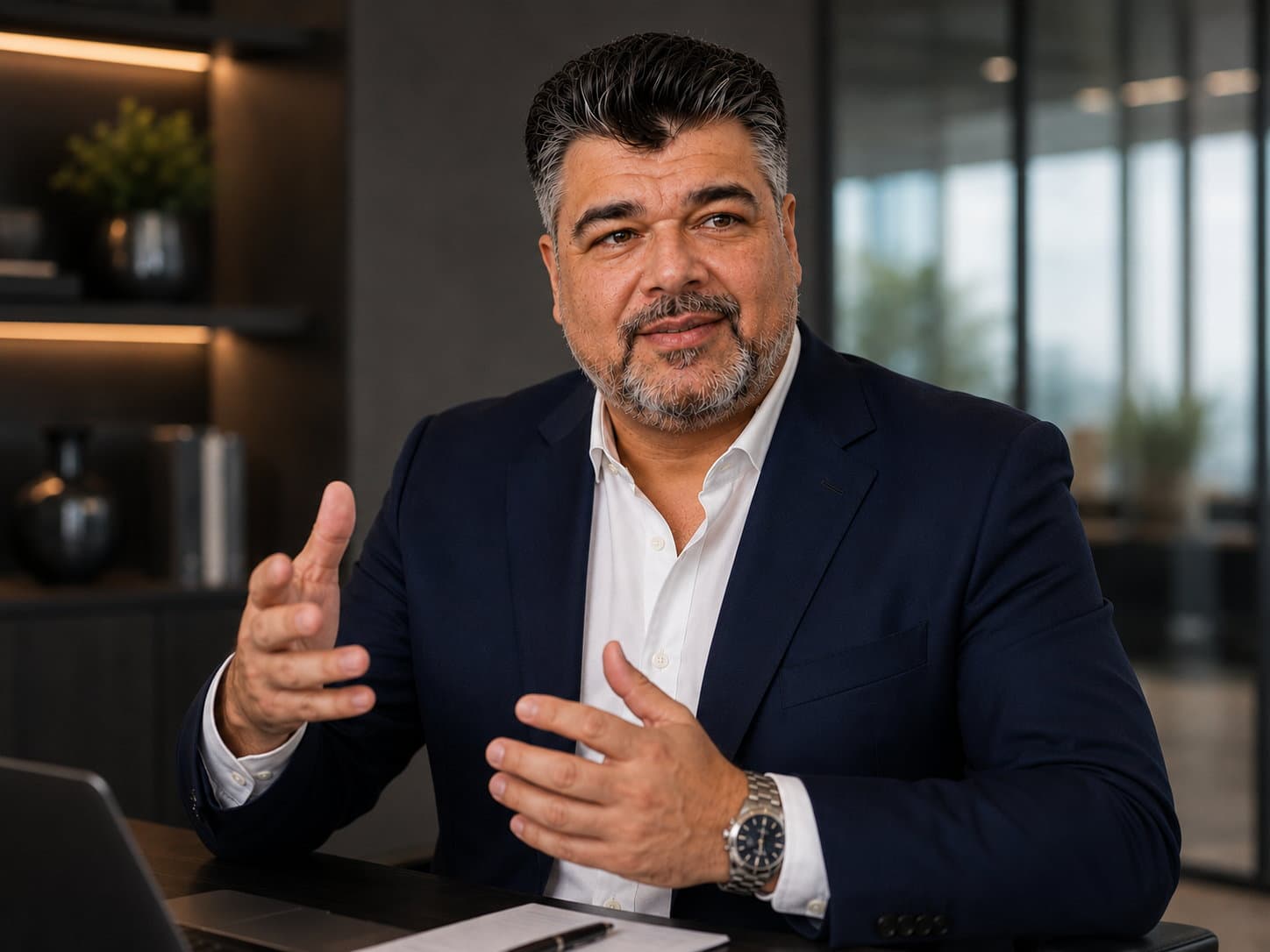 Luiz Dória sentado à mesa de reunião, gesticulando durante uma conversa