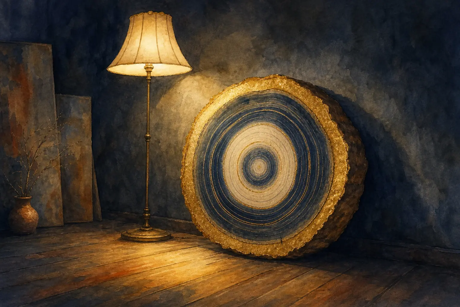 Fatia de tronco de árvore com anéis de crescimento em azul-marinho e dourado, encostada em uma parede escura e iluminada por uma luminária de pé, em cena noturna