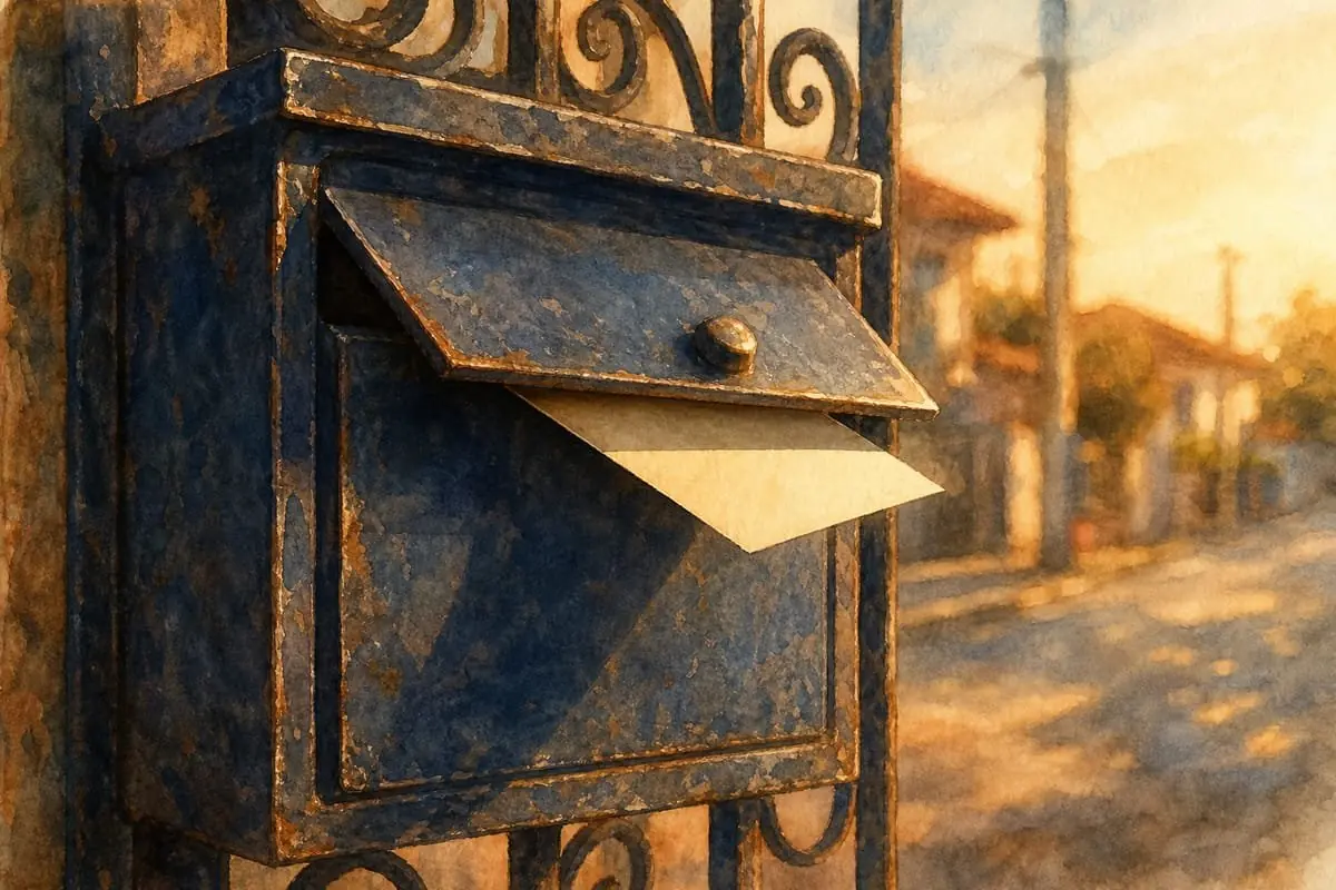 Close de uma caixa de correio de metal azul-marinho desgastada, presa a um portão de ferro, com a portinhola entreaberta e um envelope creme saindo pela fresta, ao fim da tarde