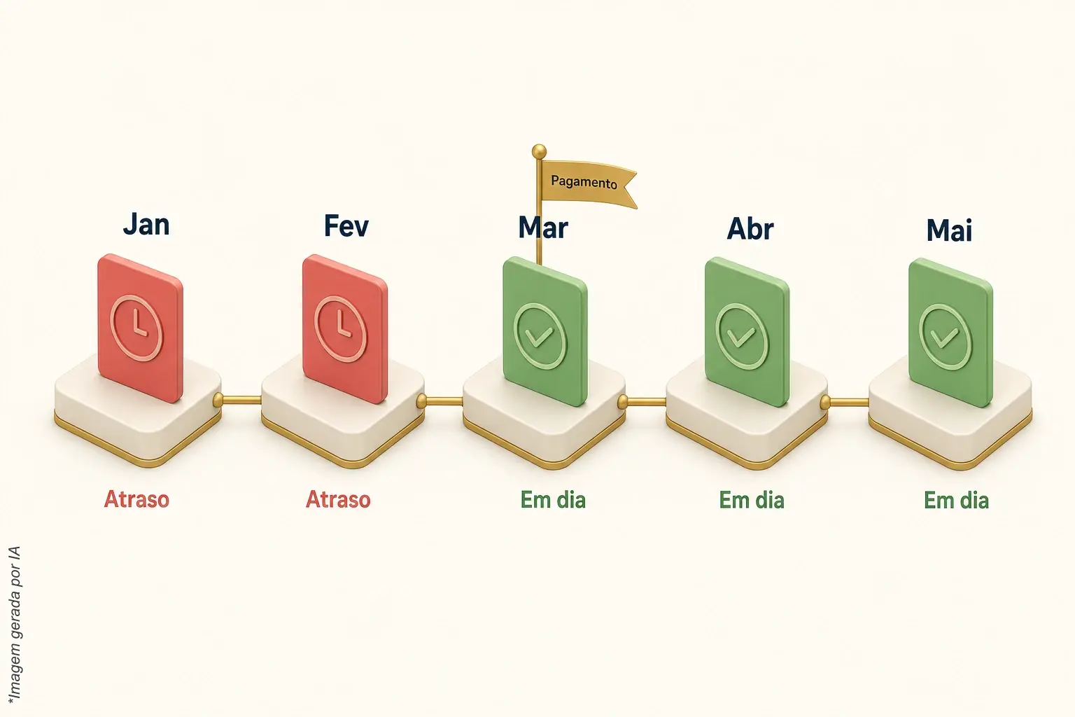 Linha do tempo de cinco meses, de janeiro a maio: janeiro e fevereiro em atraso, com a bandeira de pagamento em março, e março, abril e maio em dia