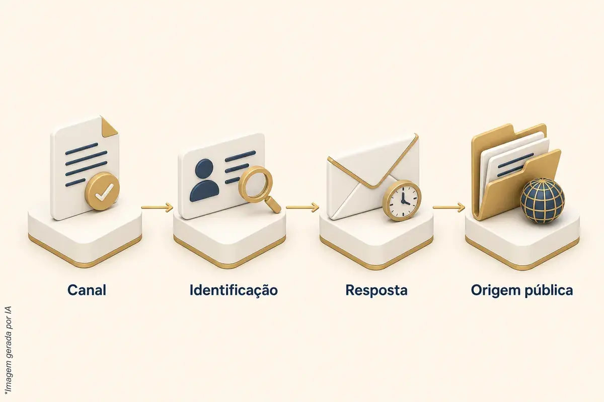 Quatro blocos em sequência, Canal, Identificação, Resposta e Origem pública, os quatro pontos para conferir quando o pedido ao Escavador não resolve