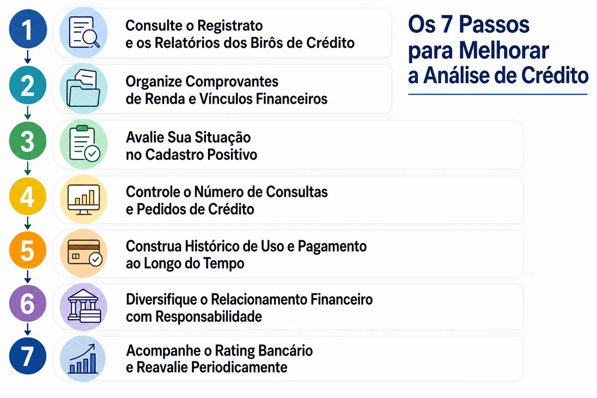 Fluxograma com os 7 passos para melhorar a análise de crédito: consultar Registrato e birôs, organizar comprovantes de renda, avaliar Cadastro Positivo, controlar consultas ao CPF, construir histórico de pagamento, diversificar relacionamento financeiro e acompanhar rating bancário.