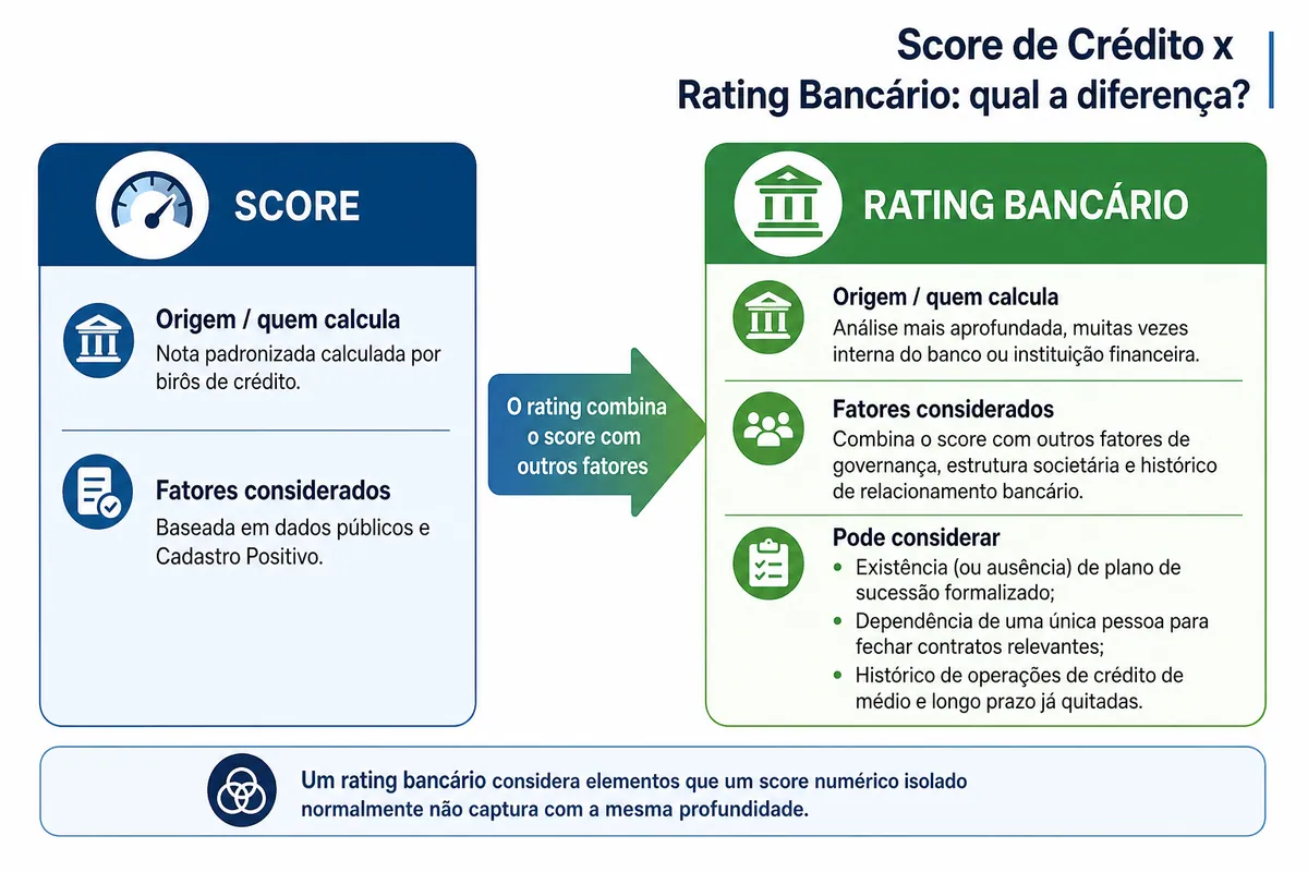 Comparativo visual entre score de crédito e rating bancário, mostrando que o score é uma nota padronizada de birôs a partir de dados públicos e Cadastro Positivo, enquanto o rating bancário é uma análise interna do banco que soma o score a fatores como governança, estrutura societária, plano de sucessão, dependência de pessoa-chave e histórico de crédito quitado.