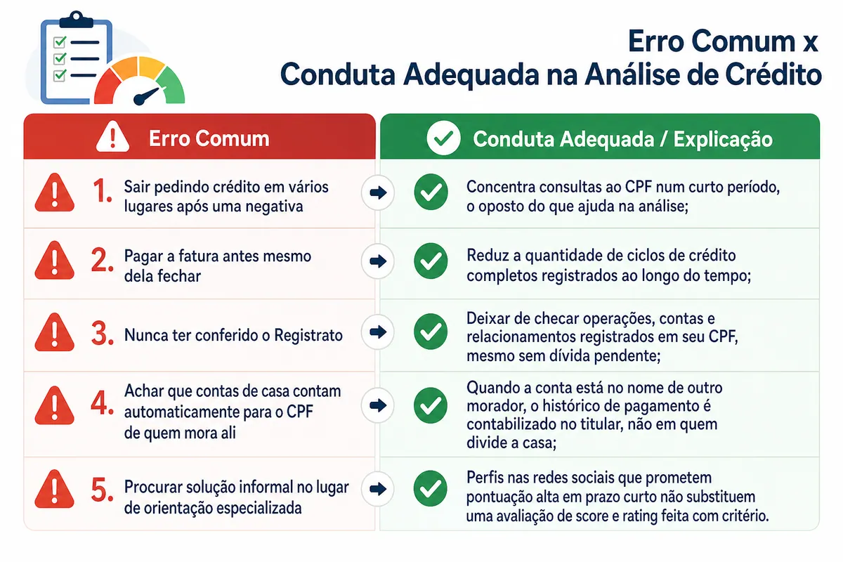 Quadro-resumo com 5 erros comuns na análise de crédito: pedir crédito em vários lugares após negativa, pagar fatura antes do vencimento, nunca conferir o Registrato, achar que contas de casa contam automaticamente para o CPF de quem mora no local, e buscar solução informal em vez de orientação especializada.