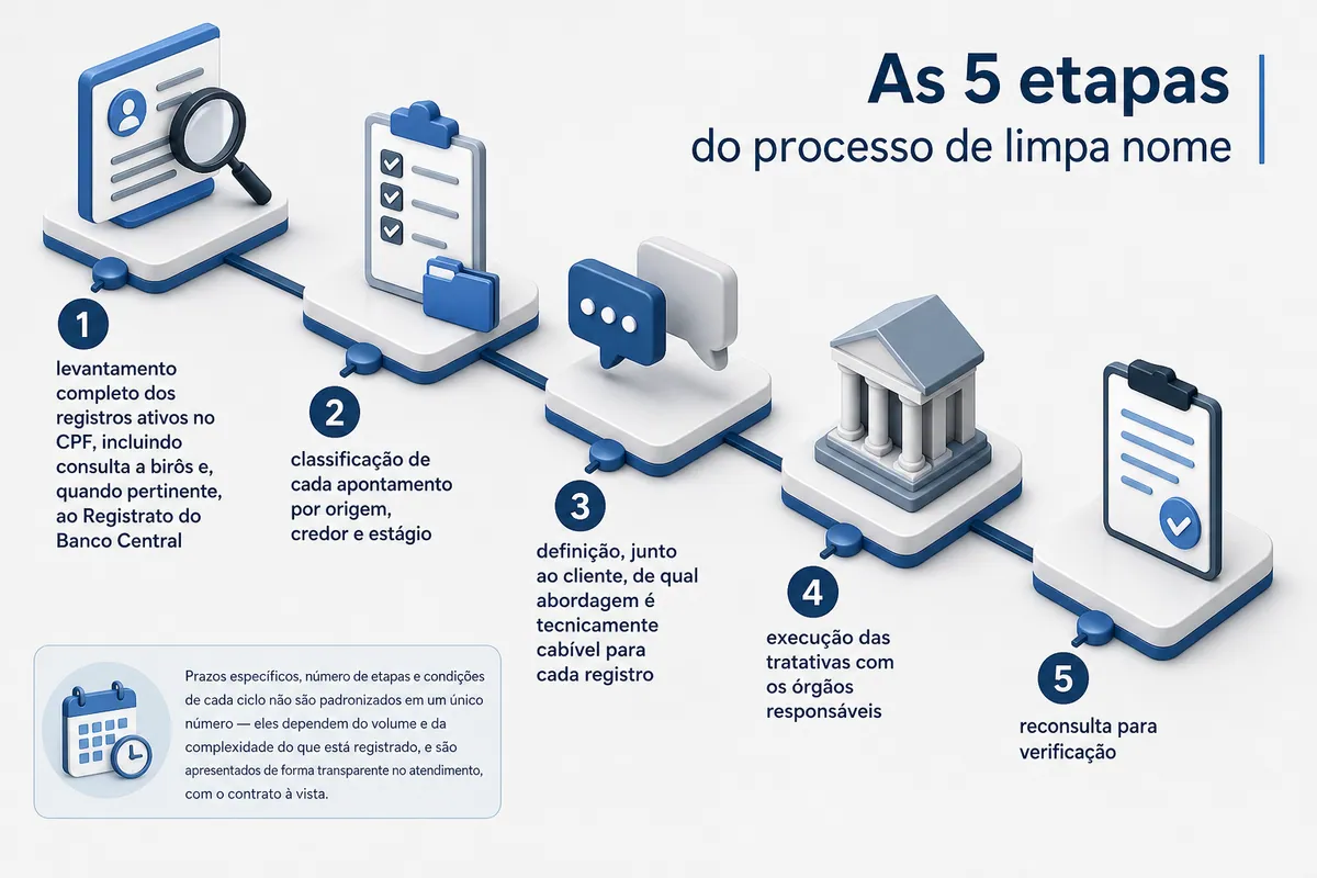 Linha do tempo com cinco etapas do processo de limpa nome: levantamento de registros, classificação dos apontamentos, definição da abordagem, execução das tratativas e reconsulta final.