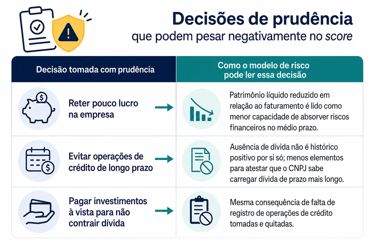 Quadro-resumo mostrando três decisões financeiras prudentes de empresários — reter pouco lucro, evitar crédito de longo prazo e pagar investimentos à vista — ao lado de como cada uma pode ser lida negativamente pelo modelo de risco dos birôs e bancos.