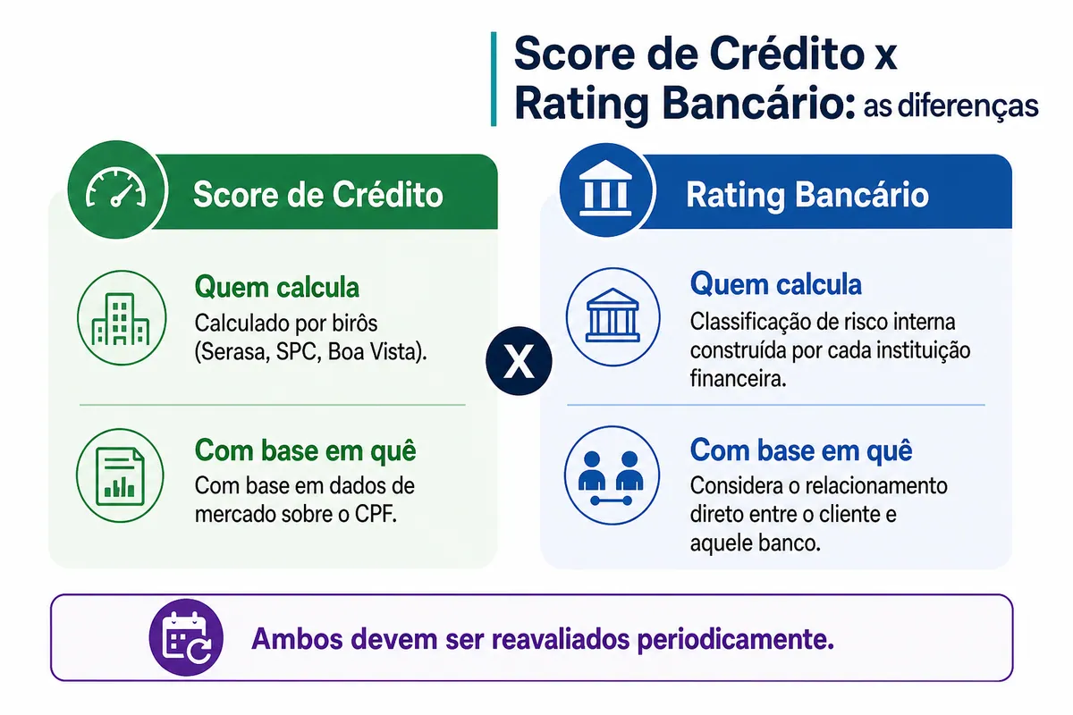 Comparativo visual entre score de crédito, calculado por birôs como Serasa, SPC e Boa Vista com base em dados de mercado do CPF, e rating bancário, classificação interna de cada instituição financeira baseada também no relacionamento direto com o cliente.
