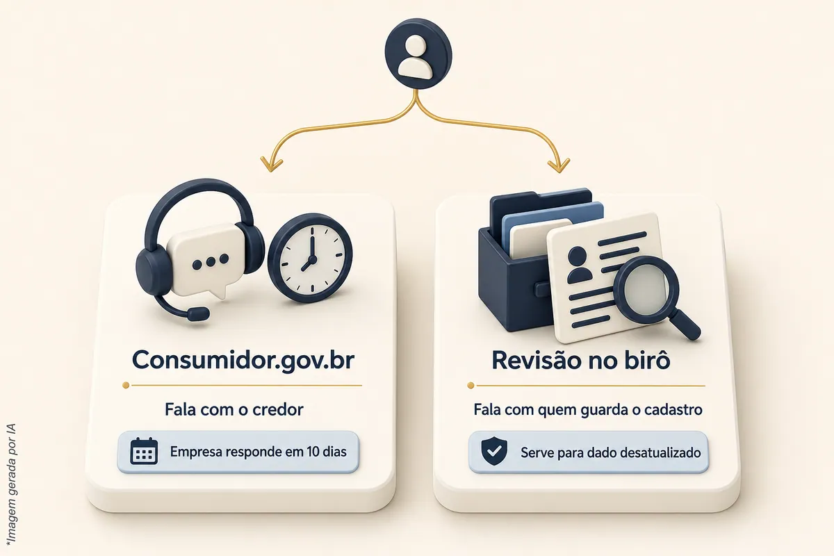 Esquema com dois caminhos: Consumidor.gov.br, que fala com o credor e a empresa responde em 10 dias, e revisão no birô, que fala com quem guarda o cadastro e serve para dado desatualizado