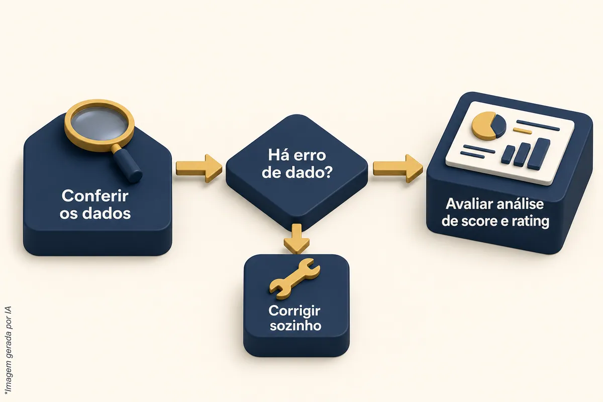 Fluxo em três etapas: conferir os dados, verificar se há erro de dado, corrigir sozinho ou avaliar uma análise de score e rating