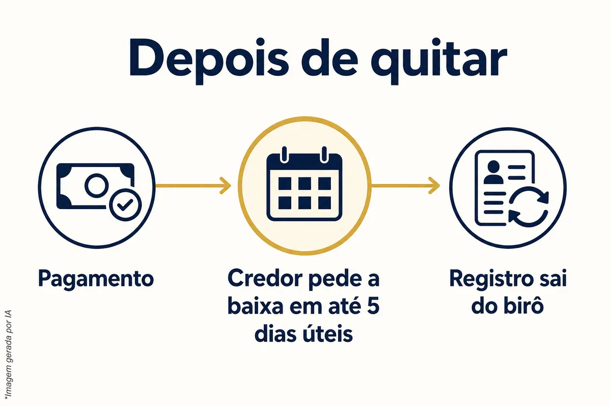 Linha do tempo: pagamento, credor pede a baixa em até 5 dias úteis, registro sai do birô