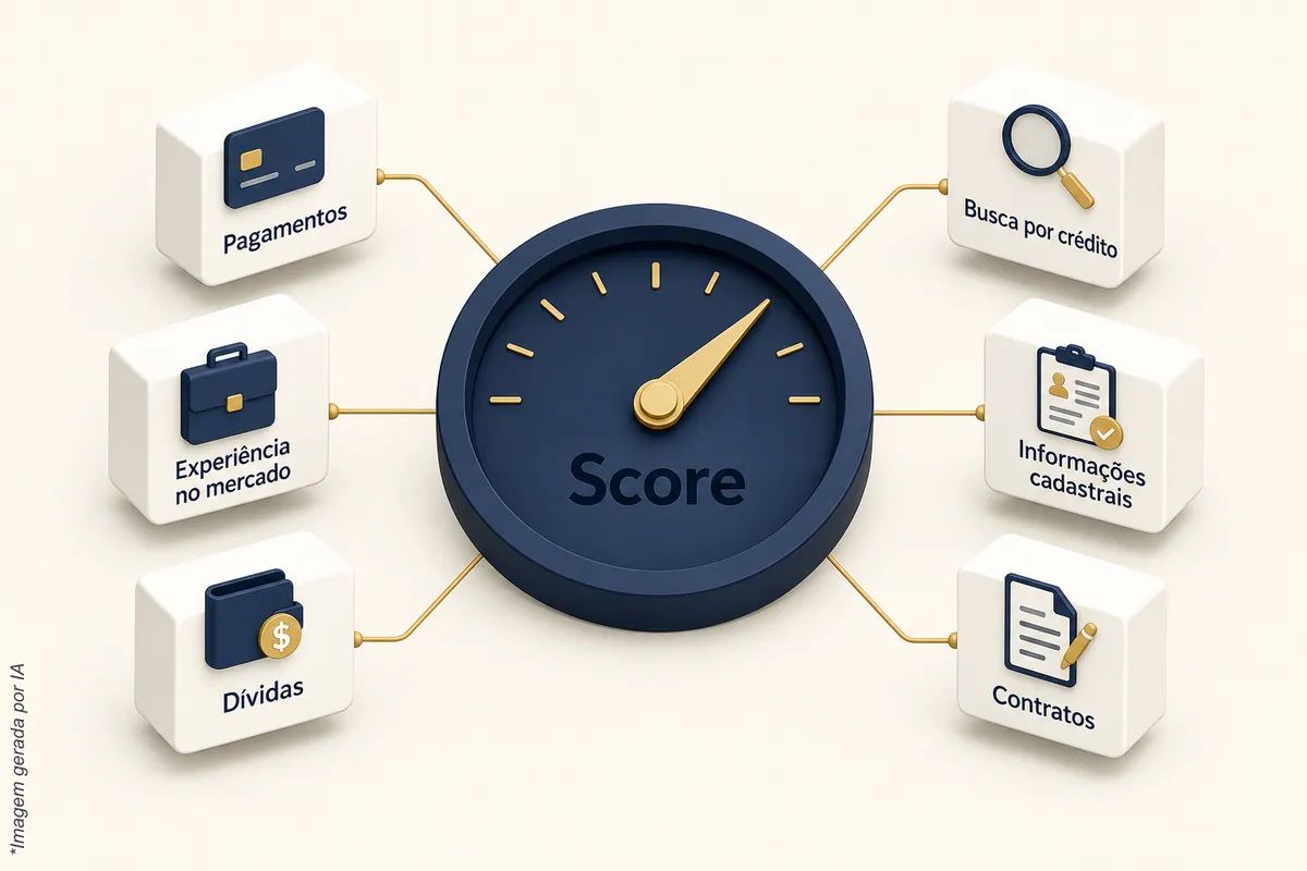 Medidor de score cercado por seis blocos: pagamentos, experiência no mercado, dívidas, busca por crédito, informações cadastrais e contratos