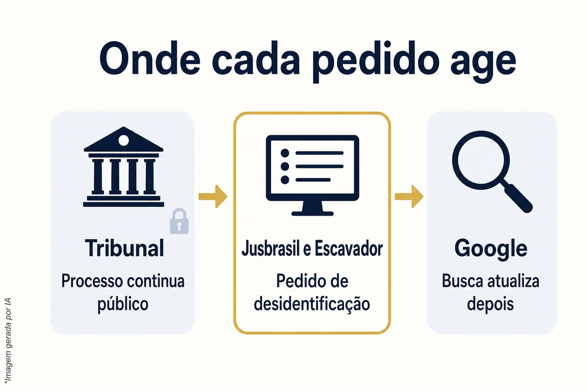 Esquema em três blocos: no tribunal o processo continua público; no Jusbrasil e no Escavador cabe o pedido de desidentificação; no Google a busca atualiza depois