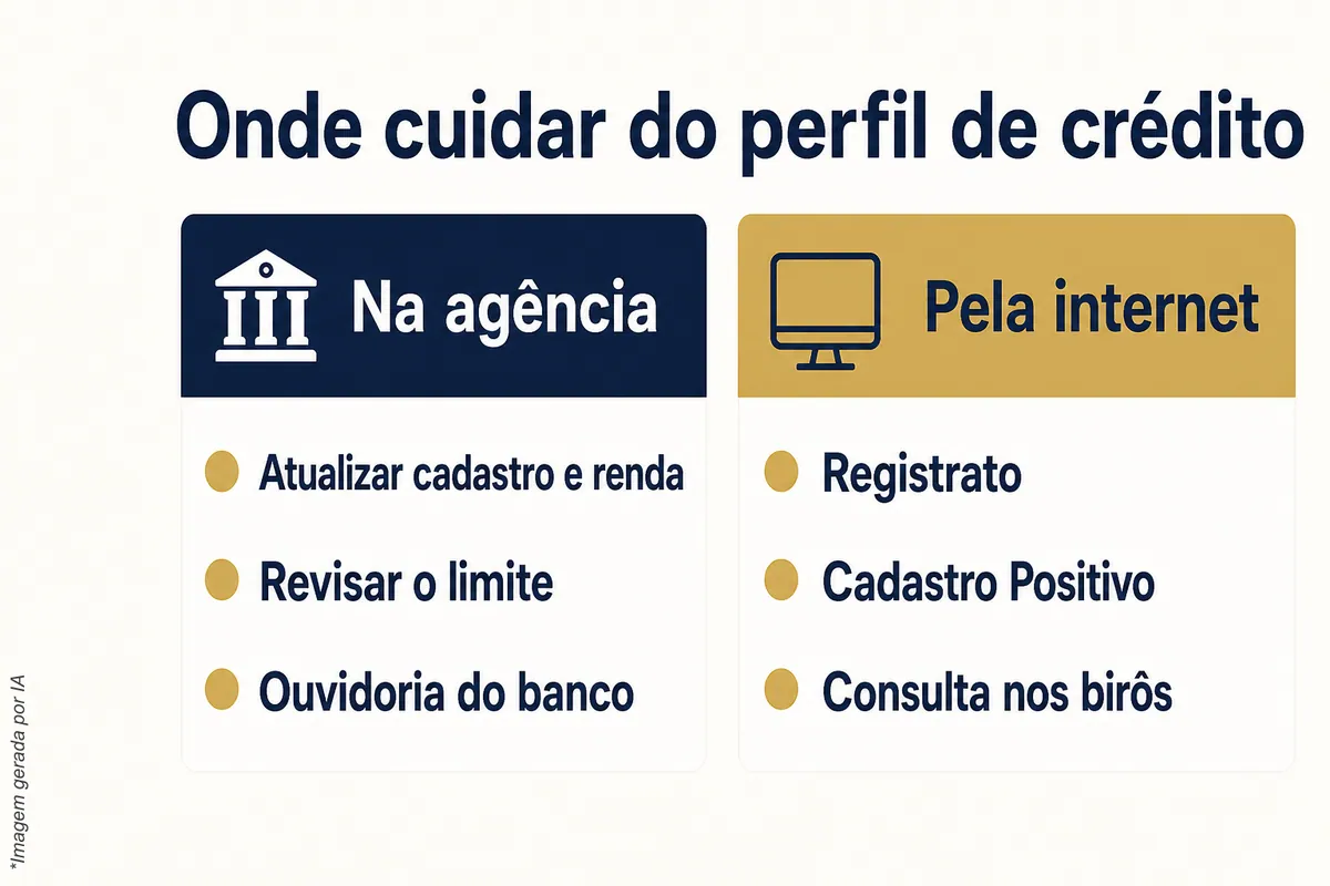Tabela comparativa: na agência, atualizar cadastro e renda, revisar o limite e ouvidoria do banco; pela internet, Registrato, Cadastro Positivo e consulta nos birôs