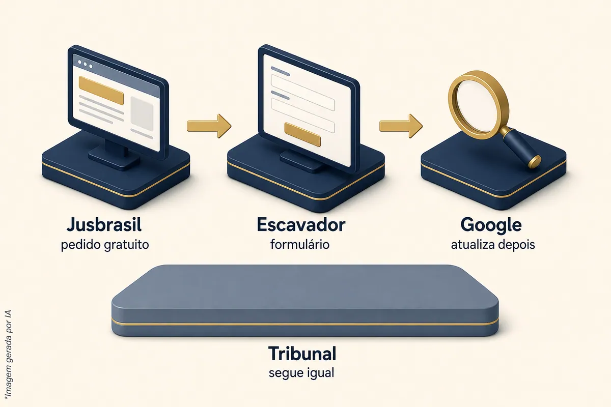 Sequência de três blocos, Jusbrasil com pedido gratuito, Escavador com formulário e Google que atualiza depois, e uma base larga para o tribunal, que segue igual