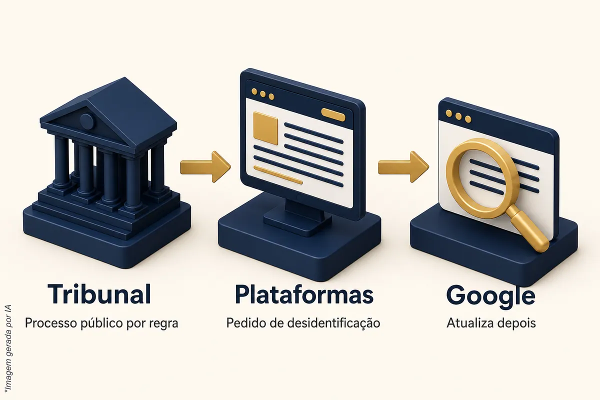 Esquema em três blocos: o tribunal, onde o processo é público por regra; as plataformas de consulta, onde cabe o pedido de desidentificação; e o Google, que atualiza depois