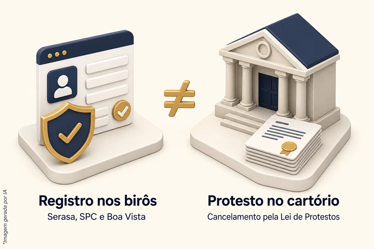 Comparativo entre o registro nos birôs de crédito e o protesto no cartório, marcados como coisas diferentes