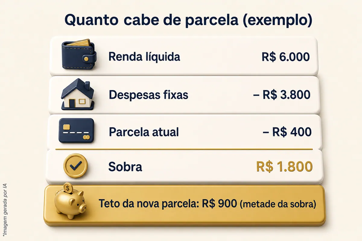 Exemplo hipotético de conta da parcela: renda líquida de R$ 6.000, menos despesas fixas de R$ 3.800 e parcela atual de R$ 400, sobra de R$ 1.800 e teto da nova parcela de R$ 900