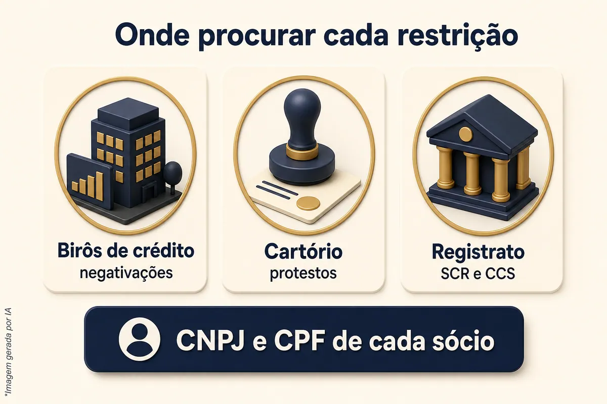 Esquema de onde procurar cada restrição: birôs de crédito para negativações, cartório para protestos e Registrato para SCR e CCS, no CNPJ e no CPF de cada sócio