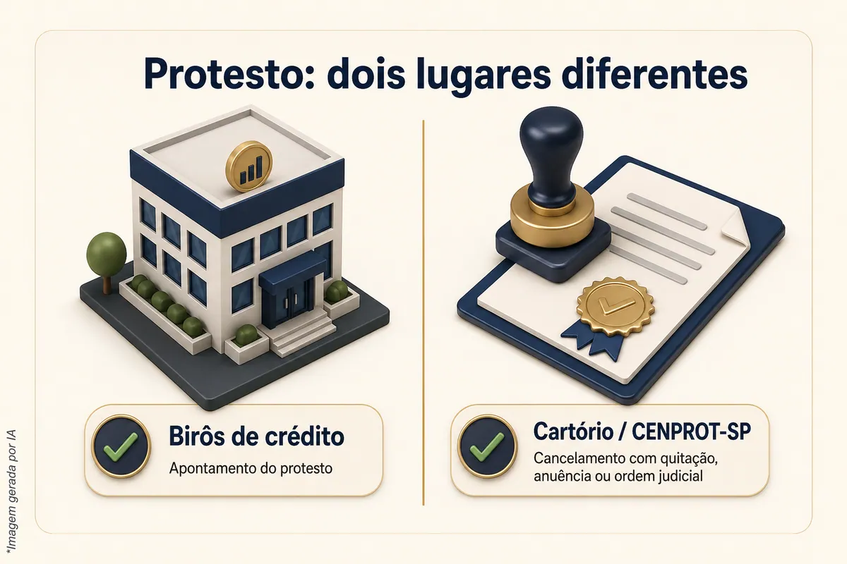 Comparativo: o apontamento do protesto fica nos birôs de crédito; o cancelamento do protesto é feito no cartório ou na CENPROT-SP