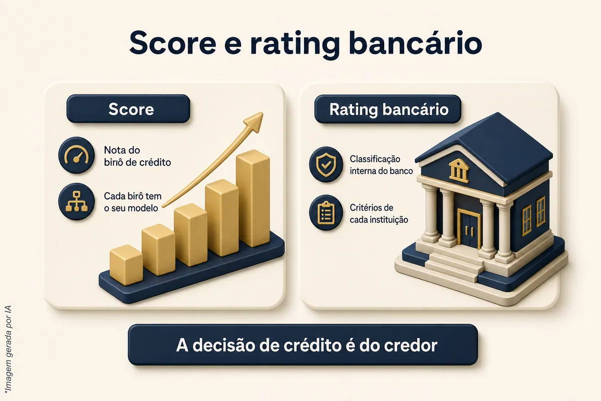 Comparativo entre score, nota do birô de crédito, e rating bancário, classificação interna do banco; a decisão de crédito é do credor