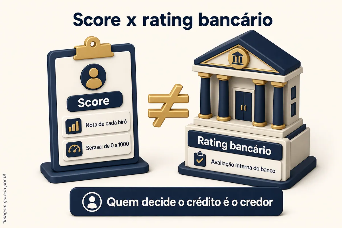 Comparativo: score é a nota de cada birô (Serasa, de 0 a 1000); rating bancário é a avaliação interna do banco; quem decide o crédito é o credor