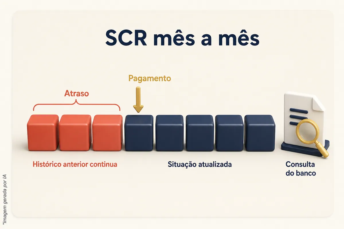 Esquema do SCR mês a mês: meses em atraso, pagamento, meses com situação atualizada e consulta do banco no fim