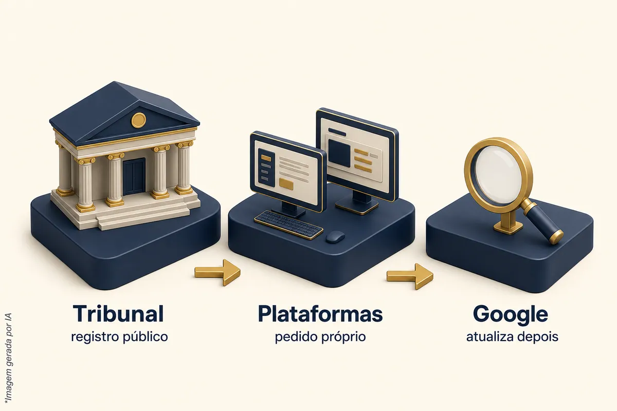 Três degraus em sequência: tribunal como registro público, plataformas com pedido próprio e Google que atualiza depois
