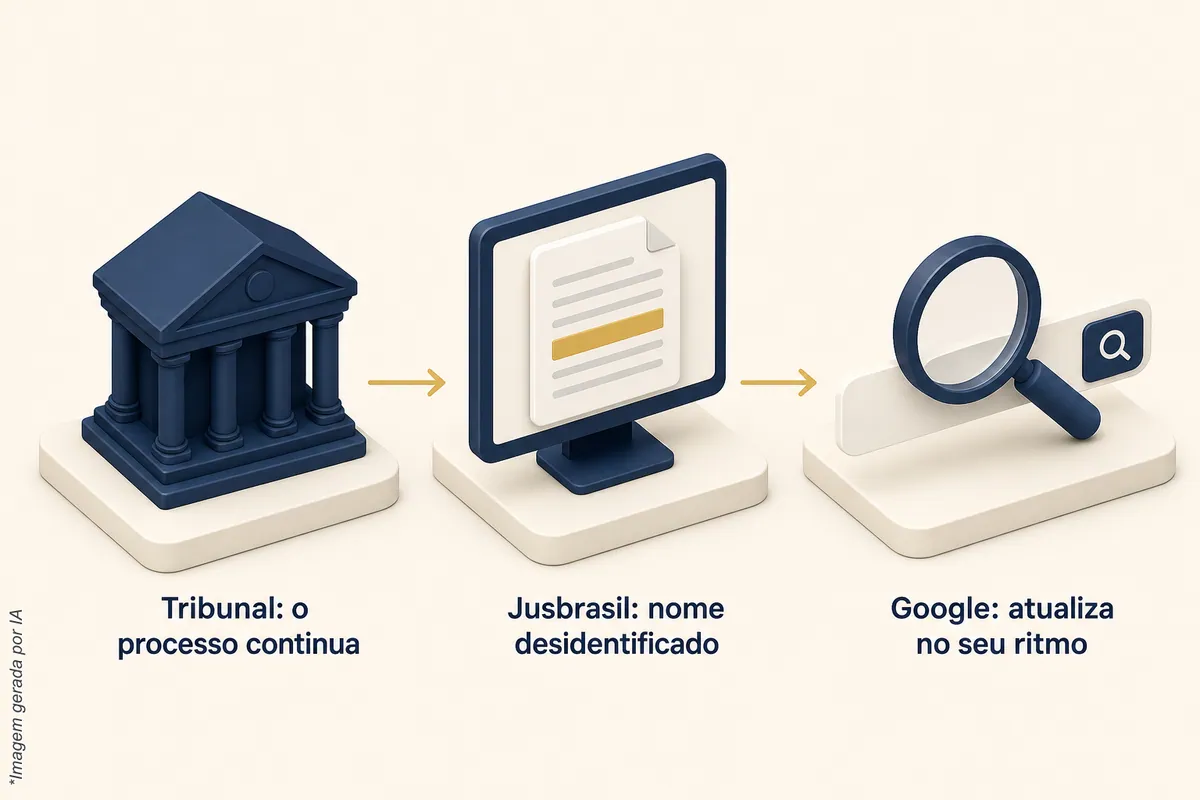 Esquema em três blocos: tribunal, em que o processo continua; Jusbrasil, em que o nome é desidentificado; Google, que atualiza no seu ritmo