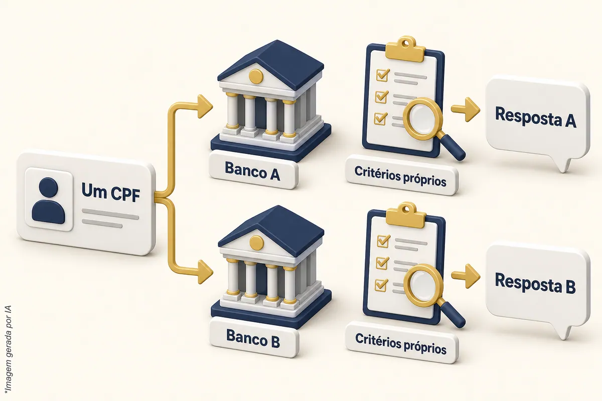 Esquema: um CPF segue para o Banco A e para o Banco B, cada um com critérios próprios, e gera resposta A e resposta B