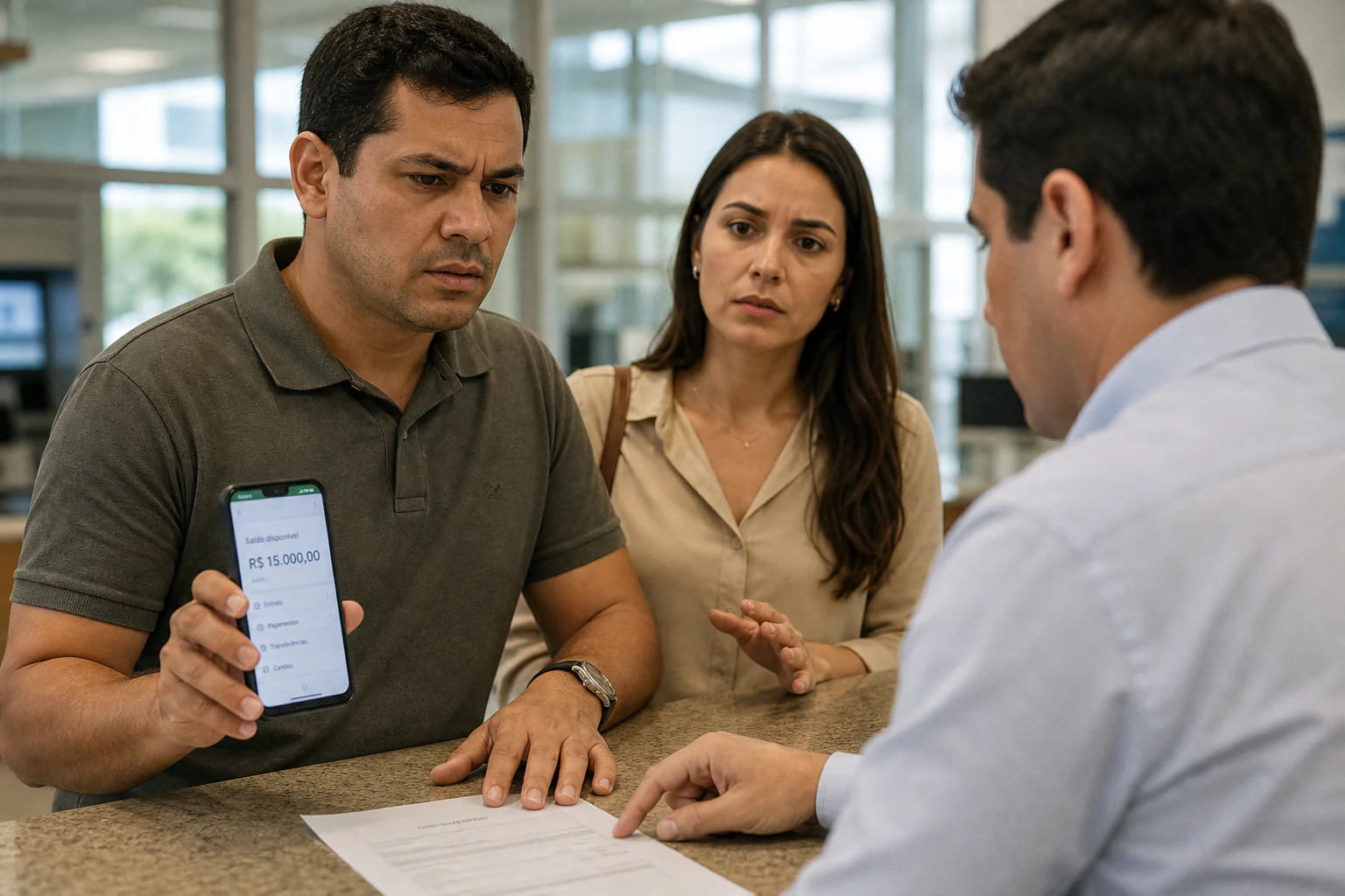 Homem no balcão do banco segura o celular com saldo disponível, com expressão de descrença ao ser informado da recusa do crédito, enquanto a esposa observa preocupada ao lado