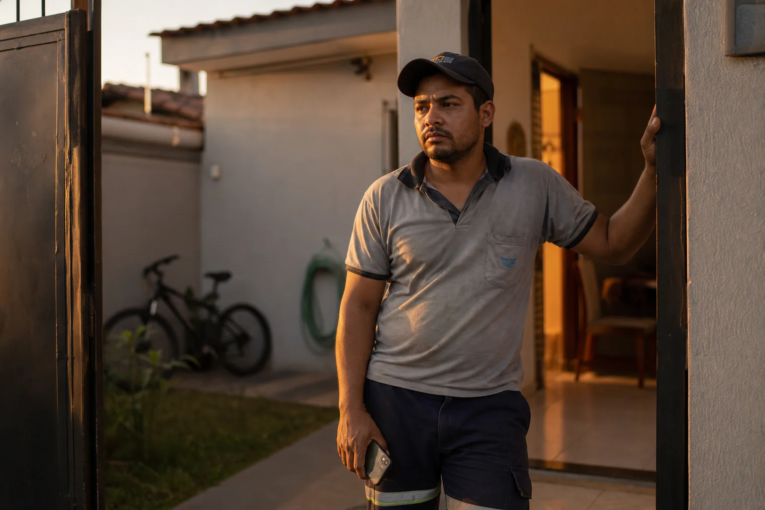 Empresário de transportadora parado na porta de casa ao entardecer, segurando o celular virado para baixo, hesitando antes de contar à esposa sobre o financiamento negado por CNPJ negativado