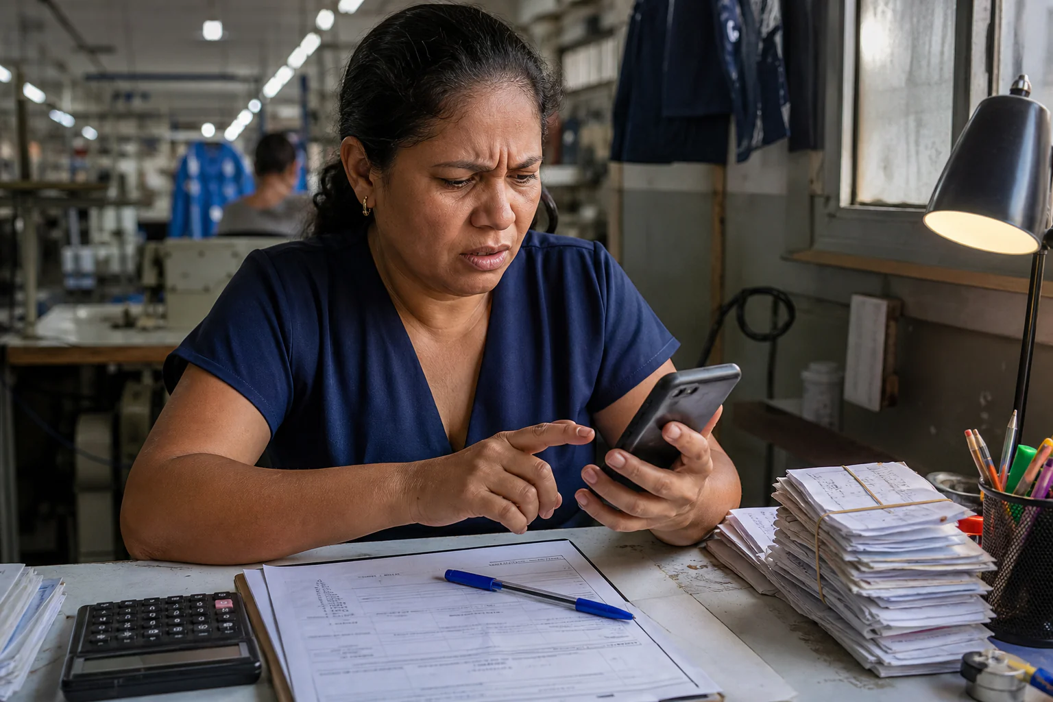 Empresária de confecção observa tensa o celular com extrato bancário, comparando boletos pagos sobre a mesa ao lado da ordem de compra assinada, no escritório do galpão