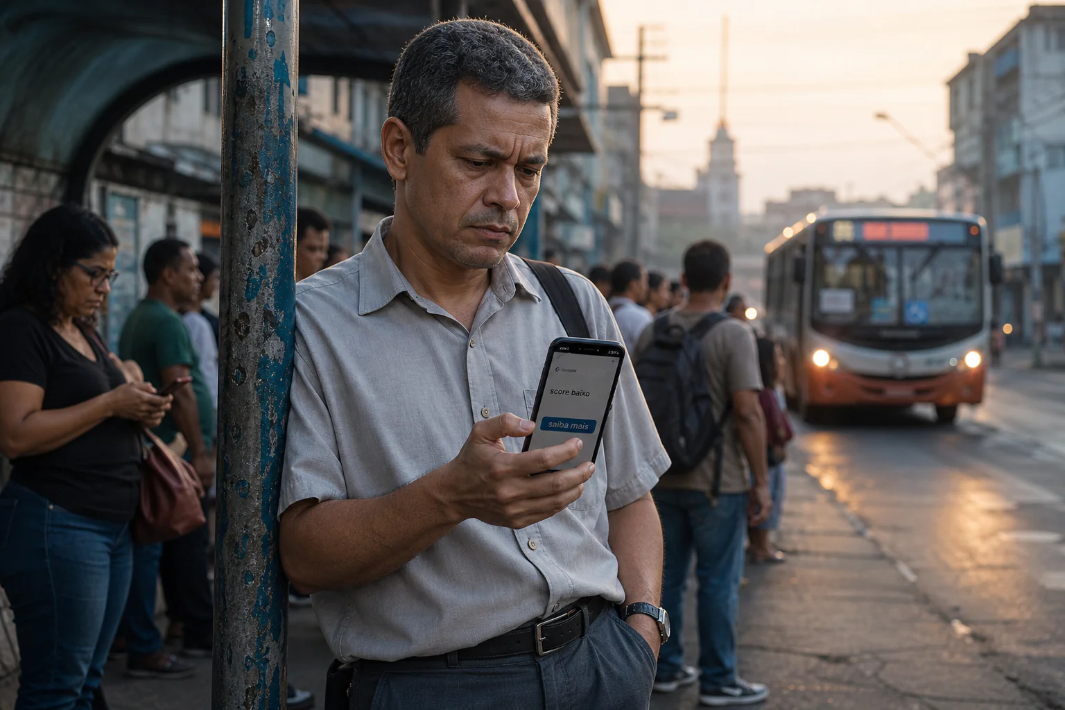 Professor espera o ônibus lotado de manhã e olha indignado para o celular, onde o aplicativo do banco mostra uma taxa de juros alta ao lado da frase "score baixo"