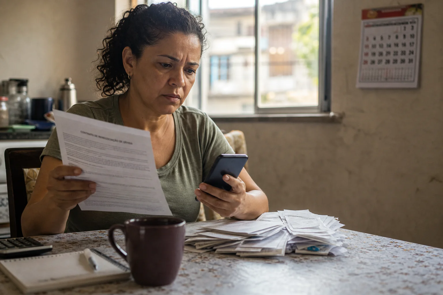 Mulher de 46 anos analisa contrato de renegociação de dívida em casa enquanto confere pelo celular a situação do seu nome, com expressão de confusão e cansaço