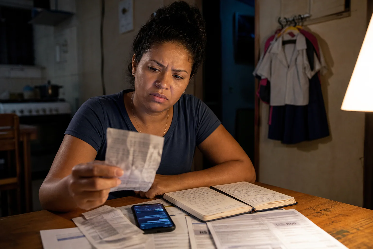 Mulher sentada à mesa à noite, segurando um comprovante de pagamento com expressão de confusão, papéis e celular com extrato ao lado, tentando entender por que quitar a dívida não resolveu seu nome sujo
