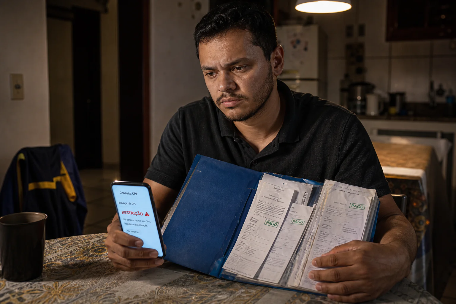Homem organiza pasta de comprovantes de pagamento enquanto olha no celular o CPF ainda com restrição, expressão de frustração e indignação contida