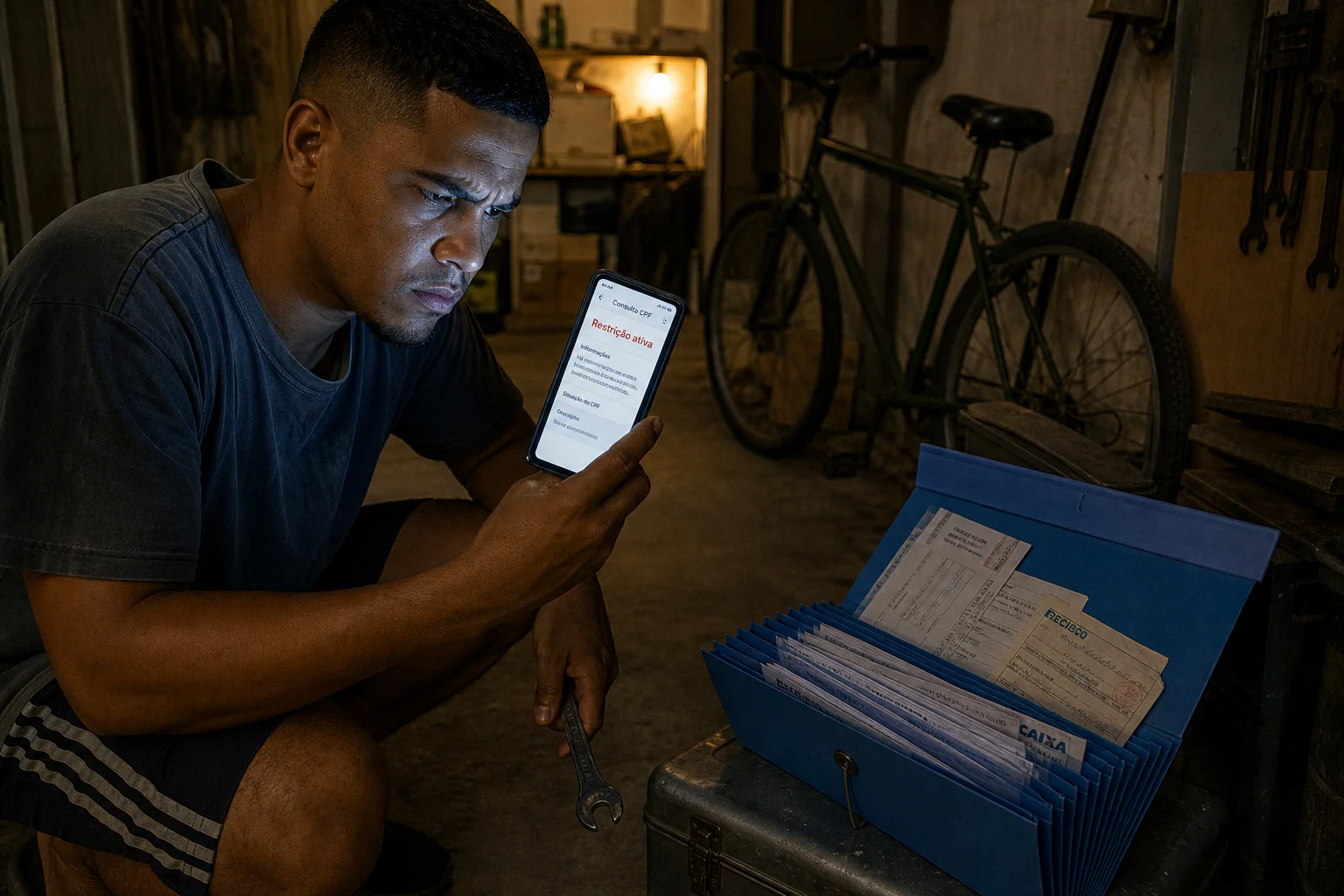 Homem agachado na garagem de casa à noite, segurando o celular que mostra CPF com restrição ativa, ao lado de pasta azul com comprovantes de pagamento organizados
