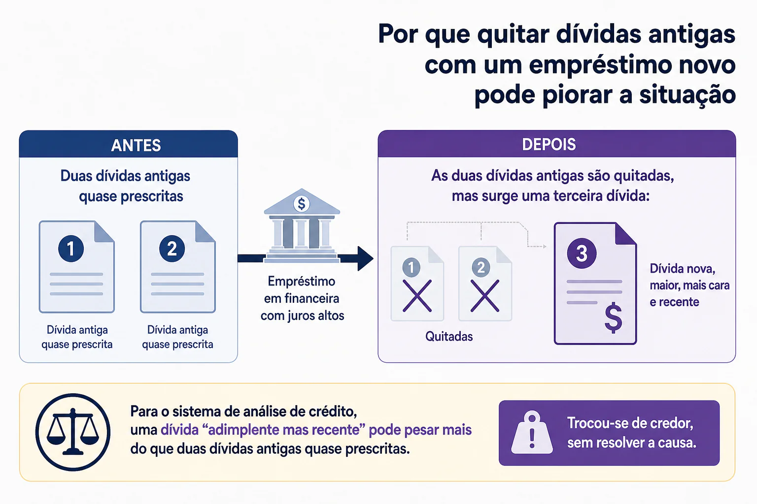 Fluxo comparando duas dívidas antigas quase prescritas sendo substituídas por um empréstimo novo maior, mais caro e recente, que pode pesar mais negativamente na análise de crédito
