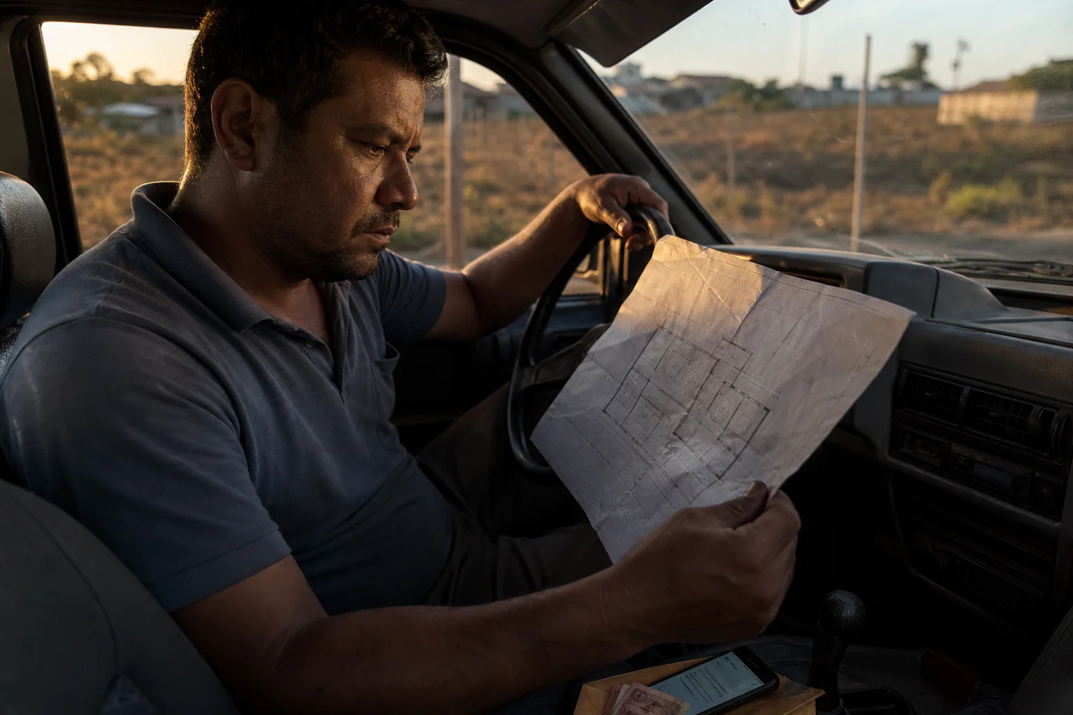 Homem de meia-idade sentado dentro de uma picape, olhando cansado para uma planta de casa amassada, com um terreno vazio desfocado ao fundo através do para-brisa