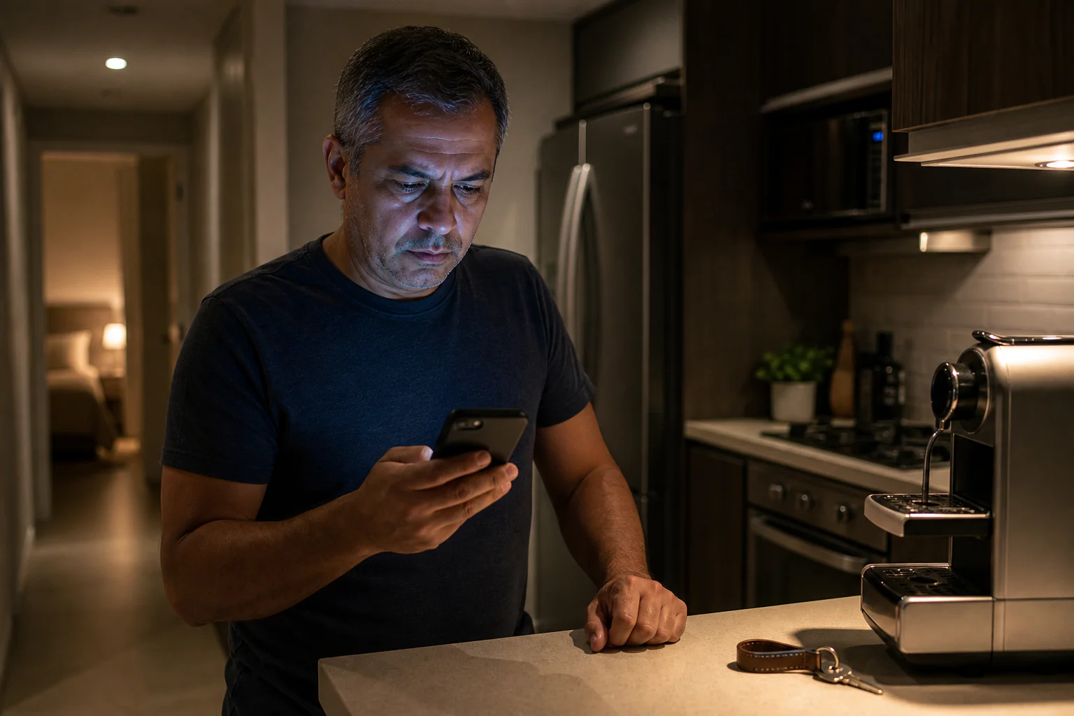 Homem de 47 anos analisa sozinho, à noite, um relatório bancário no celular na cozinha de casa, com um chaveiro de couro gasto sobre o balcão ao lado