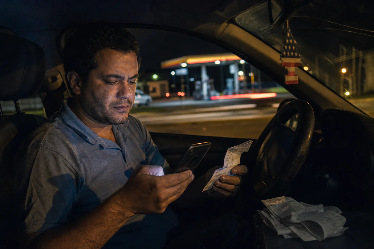 Motorista de aplicativo sentado dentro do carro alugado à noite, segurando um comprovante de pagamento e olhando o celular com expressão de cansaço e frustração contida