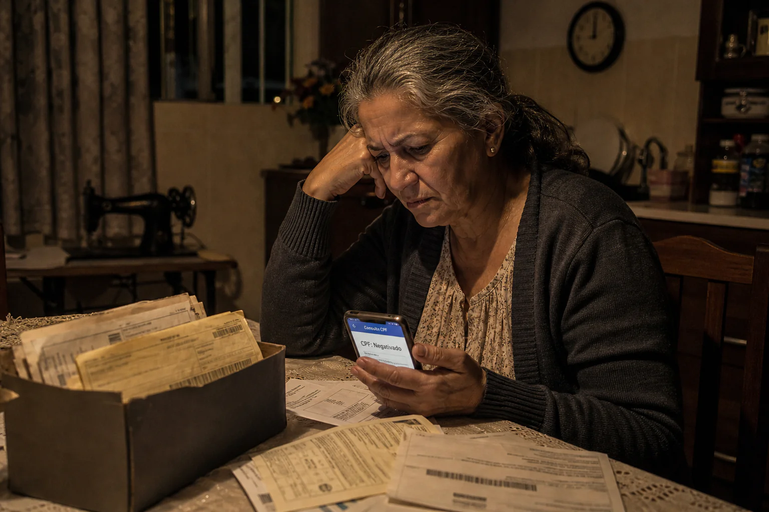 Mulher de 59 anos sentada sozinha à mesa da cozinha à noite, olhando preocupada para o celular com resultado de consulta ao CPF negativado, cercada por boletos antigos e uma caixa de sapato aberta com papéis guardados há anos.