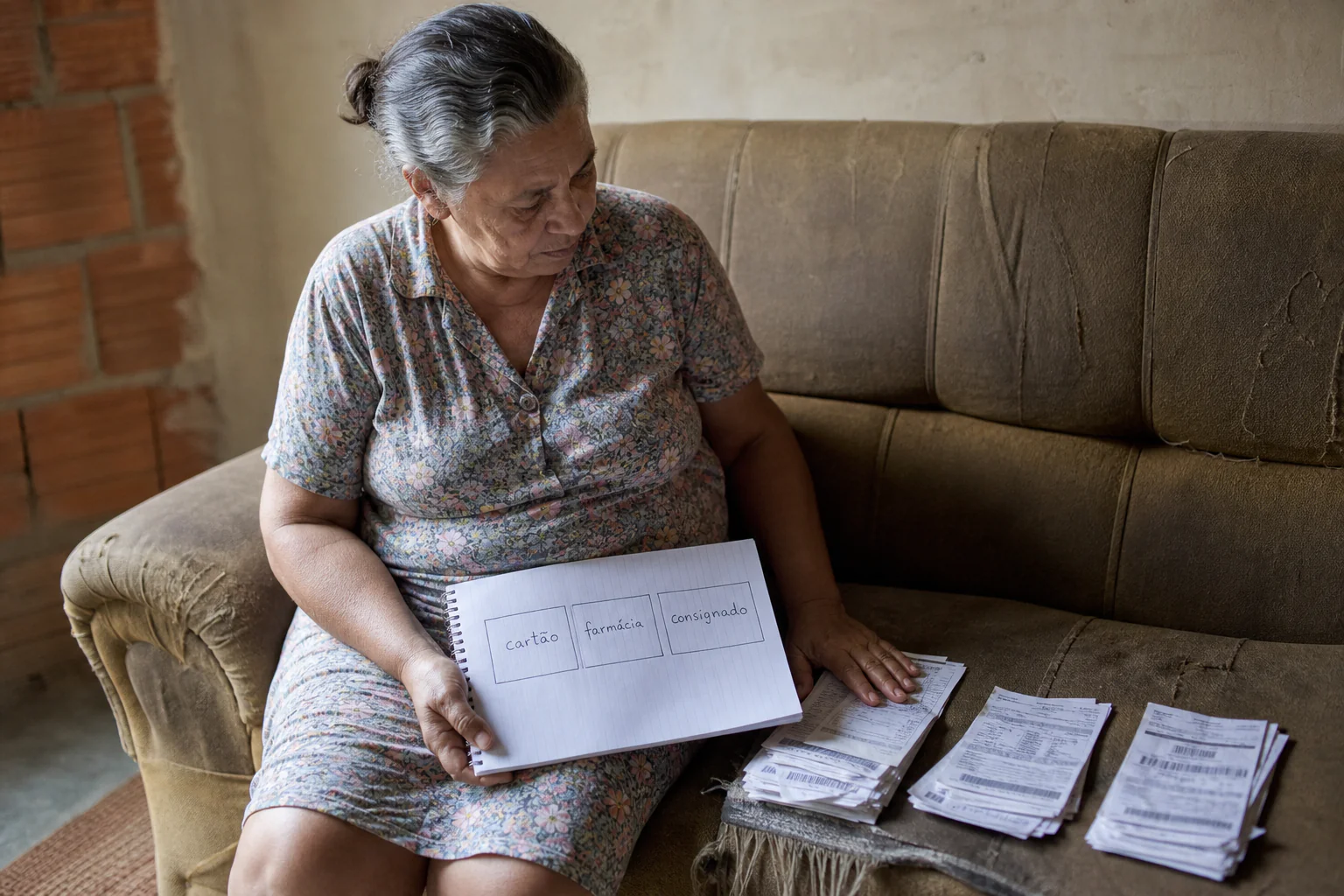 Mulher idosa sentada em sofá desgastado organiza boletos em pilhas separadas enquanto observa caderno com nomes de dívidas anotados à mão