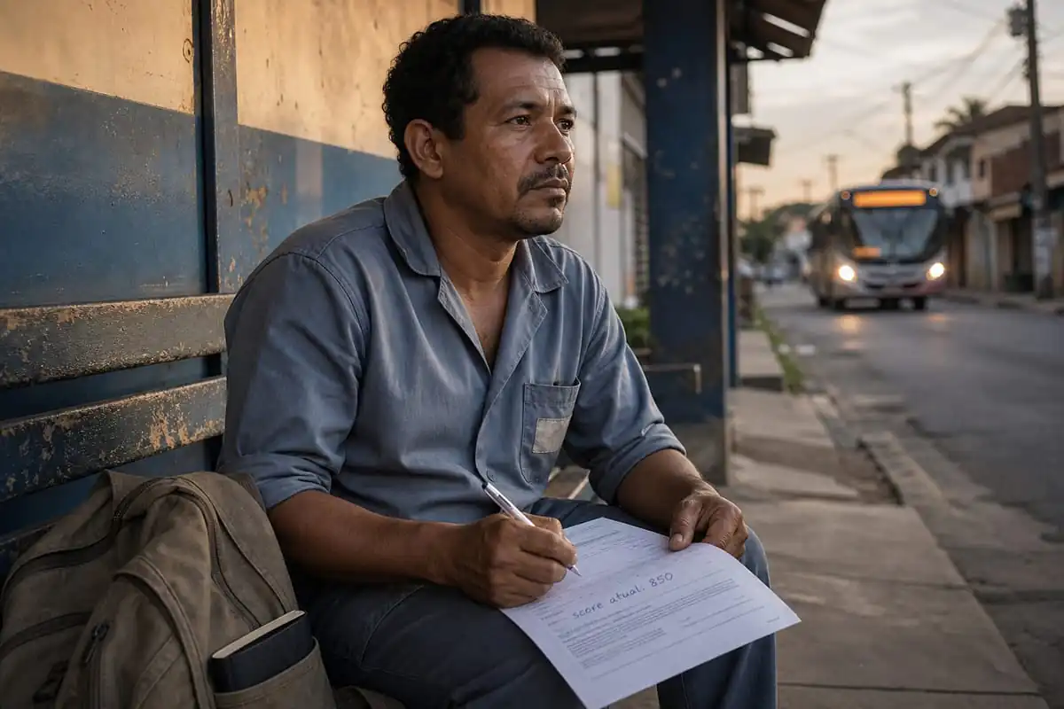 Técnico industrial de uniforme sentado em ponto de ônibus preenchendo à mão um formulário de aumento de limite, caneta parada após escrever "score atual: 850", ônibus se aproximando desfocado ao fundo