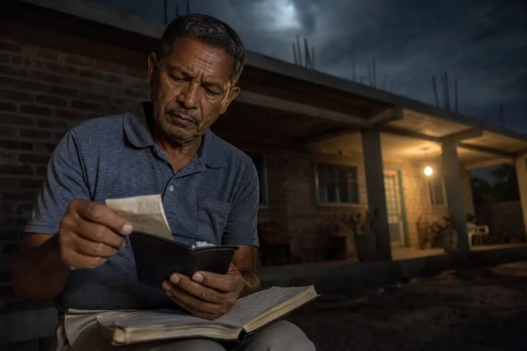 Homem de 58 anos sentado na varanda à noite, segurando um caderno preto de capa dura no colo e uma carteira aberta na mão, de onde retira um comprovante de pagamento dobrado e amarelado, com a laje sem cobertura da casa ao fundo