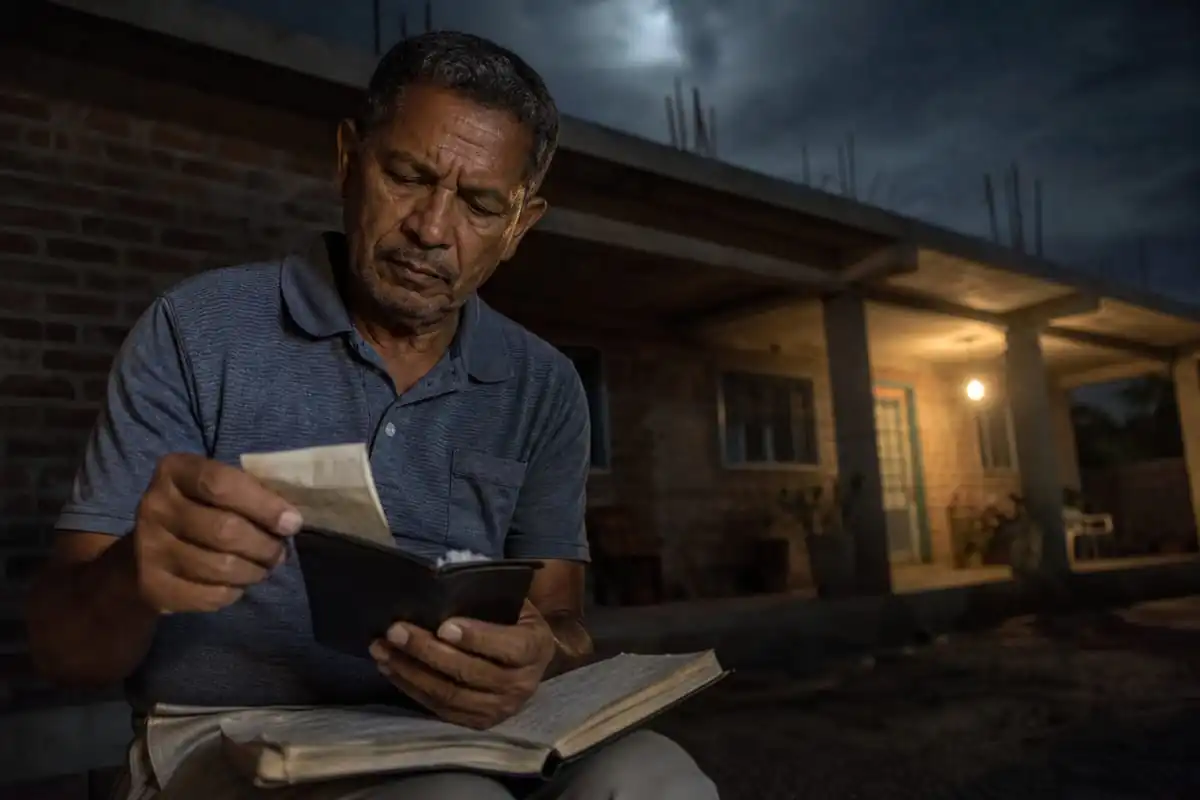 Homem de 58 anos sentado na varanda à noite, segurando um caderno preto de capa dura no colo e uma carteira aberta na mão, de onde retira um comprovante de pagamento dobrado e amarelado, com a laje sem cobertura da casa ao fundo