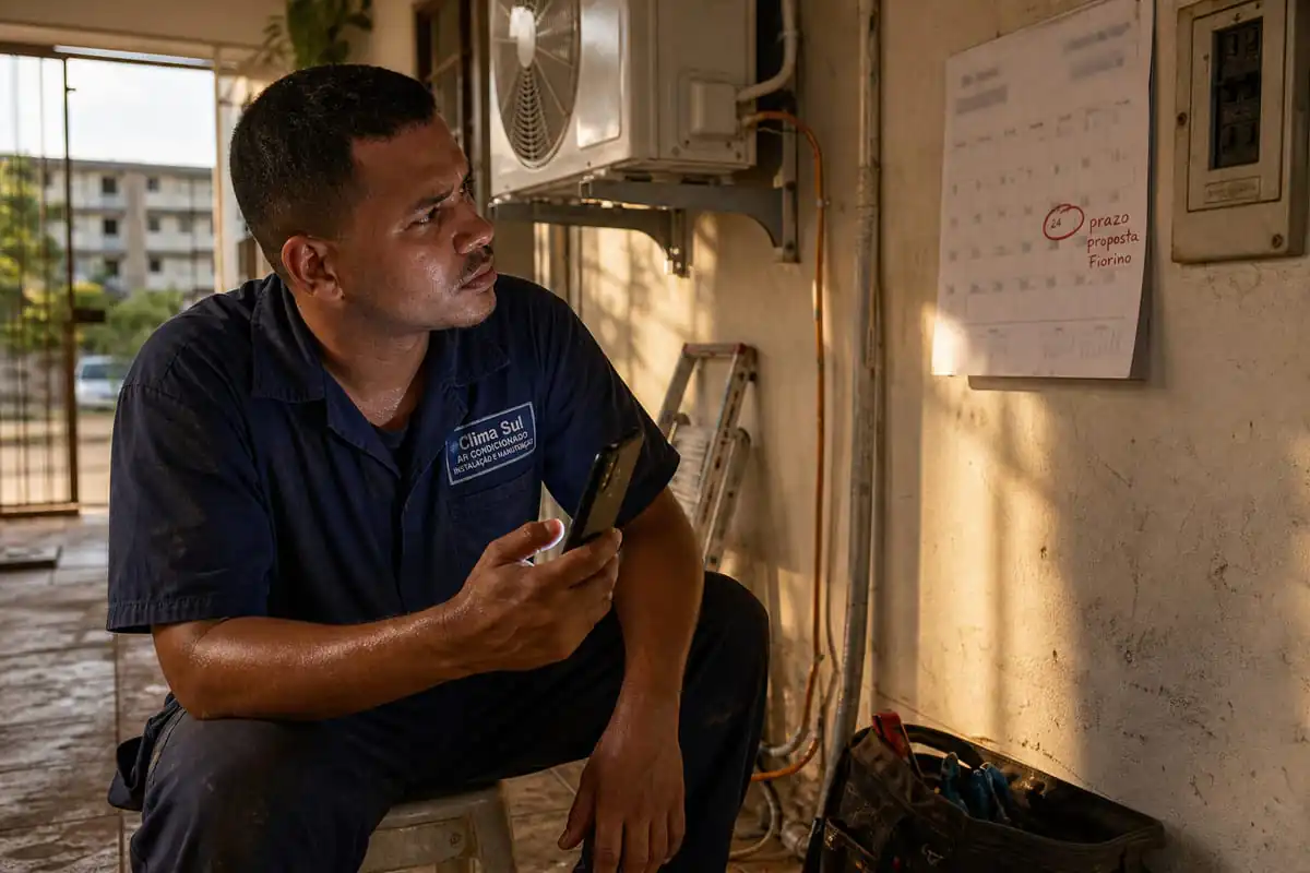 Técnico de ar-condicionado sentado em banquinho na área de serviço de um condomínio, olhando com confusão para o celular enquanto ao fundo um calendário de oficina marca em vermelho o prazo de uma proposta de financiamento.