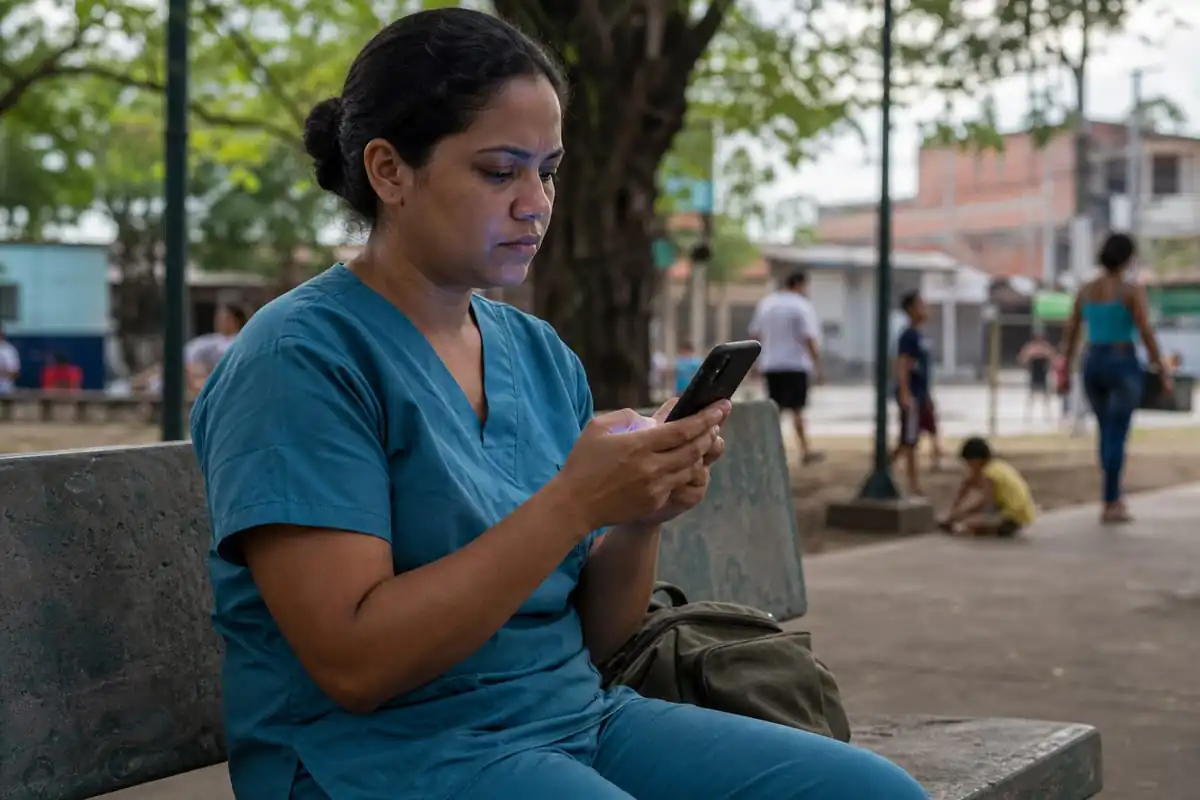 Técnica de enfermagem ainda de scrub, sentada sozinha em banco de praça, olha concentrada para a tela do celular enquanto ao fundo pessoas caminham e crianças brincam indiferentes