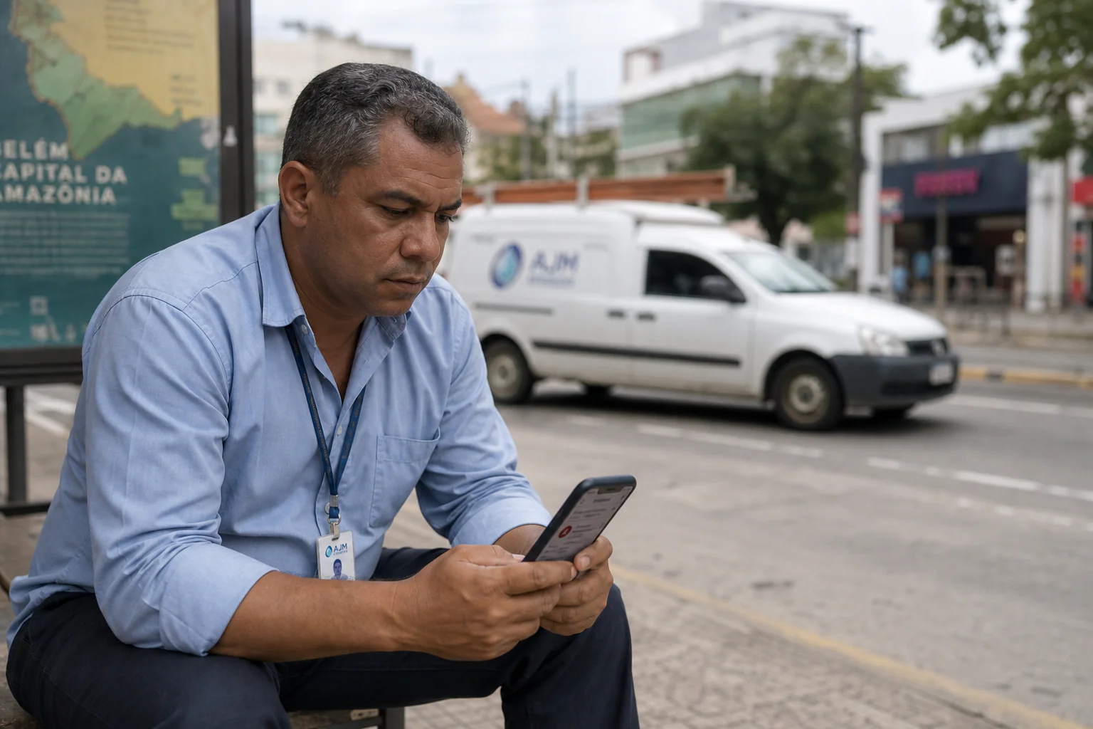 Empresário sentado em ponto de ônibus durante intervalo de reunião, segurando o celular com as duas mãos e olhando cansado para uma notificação de recusa de seguradora na tela, com uma van de sua empresa passando ao fundo