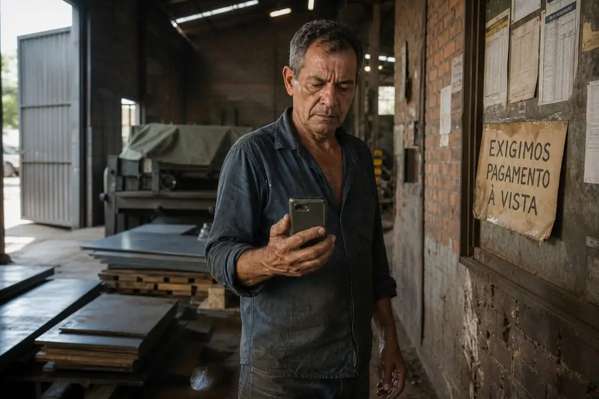 Empresário parado no galpão de sua metalúrgica, segurando o celular com pagamento confirmado, diante de um cartaz amarelado de "exigimos pagamento à vista" colado na parede
